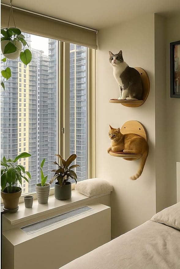 Cat Wall Shelves - Round Floating Cat Wall Steps with Scratch Pads, up to 20Lbs. Saving-Space Decorative Wall-Mounted Cat Furniture for Climbing, Playing & Resting - Solid Natural Wood by INSTINTO