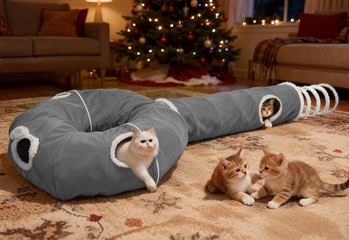 Ownpets 2-in-1 Cat Tunnel, Large Lollipop Shape Cat Tunnel Toy with Fluffy Balls, Spiral Toy, Plush Collapsible Cat Cave Hideout Donut Tunnel for Multi Kitten Puppy Rabbit, Grey