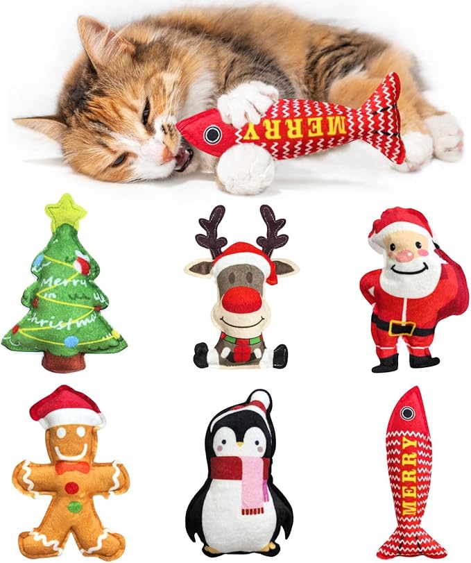 Idepet 6 Pcs Christmas Cat Toys Catnip Xmas Plush Santa Claus Tree Interactive Chew Bite Crinkly Sound Toys for Indoor All Breeds Cats Exercise ﻿