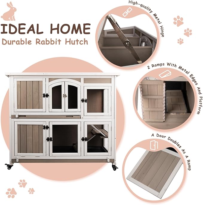 PetsCosset 42.7" L Rabbit Hutch Indoor Outdoor 2-Story Rabbit Cage with 4 Wheels,Guinea Pig Cage Bunny Hutch with 2 Pull Out Trays,Bunny Cage with Asphalt Roof for Small to Medium Animals