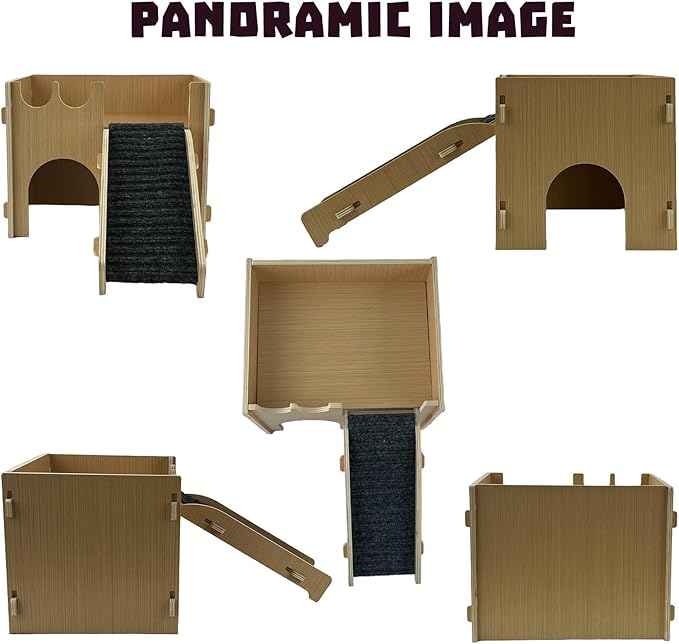 Guinea Pig Castle Hideout, Wooden Hamster House with Stairs & Mat,Small Animal House Hut Habitats 2 Doors for Hamsters Chinchillas Bunny Hiding Playing Sleeping
