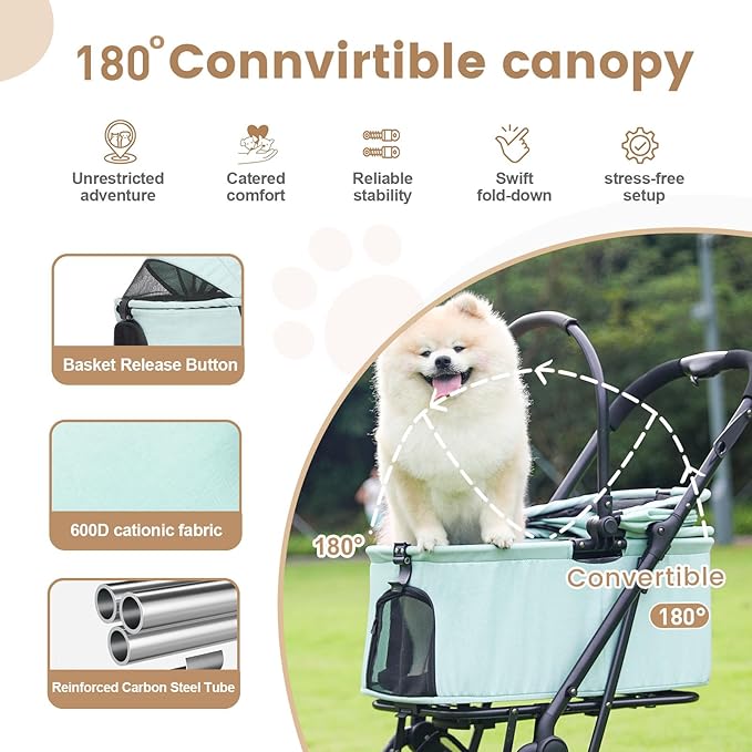 Wdyvko 3 in 1 Dog Stroller, Upgraded Frame, Up to 44lbs Pet Stroller with Dog Poop Bags & Dispenser, Zipperless Entry, Storage Basket & Pouch for Small Dogs Cats (Teal Blue)