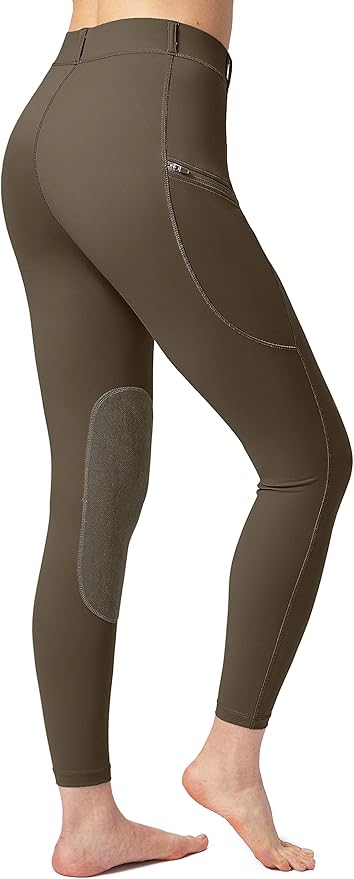 SANTINY Women's Horse Riding Pants with Zipper Pockets Knee-Patch Schooling Tights Equestrian Breeches for Women