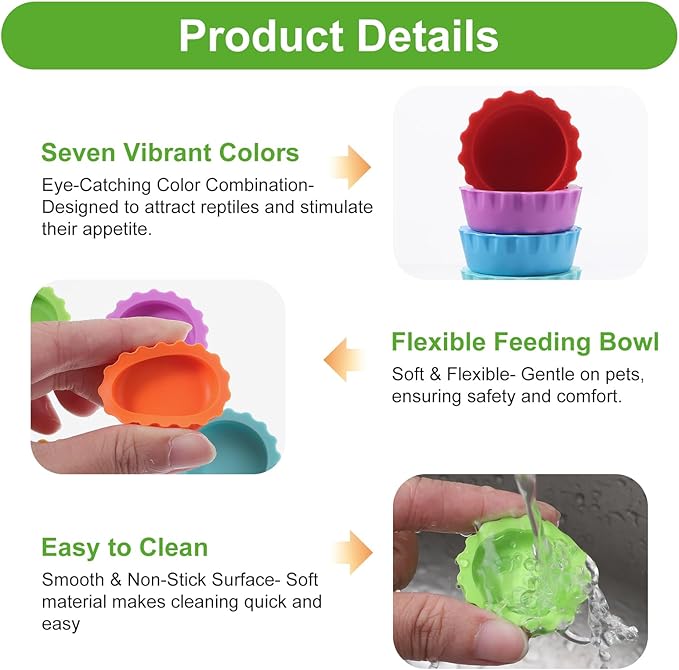 Reusable Small Reptile Food Dish, Crested Gecko Food and Water Feeding Cups, Easy Clean Silicone Small Capacity Worm Bowl, Gecko Tank Accessories (14 Pack, 7 Colors)