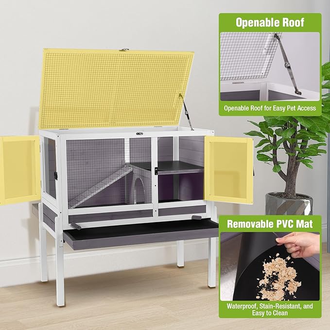Indoor Rabbit Hutch Guinea Pig Cages 2-Story Wooden Small Animal Cage Bunny House with Chew-Proof Aluminum Alloy Frame, Pull-Out Tray, Leakproof PVC Layer, Detachable Legs (Grey)