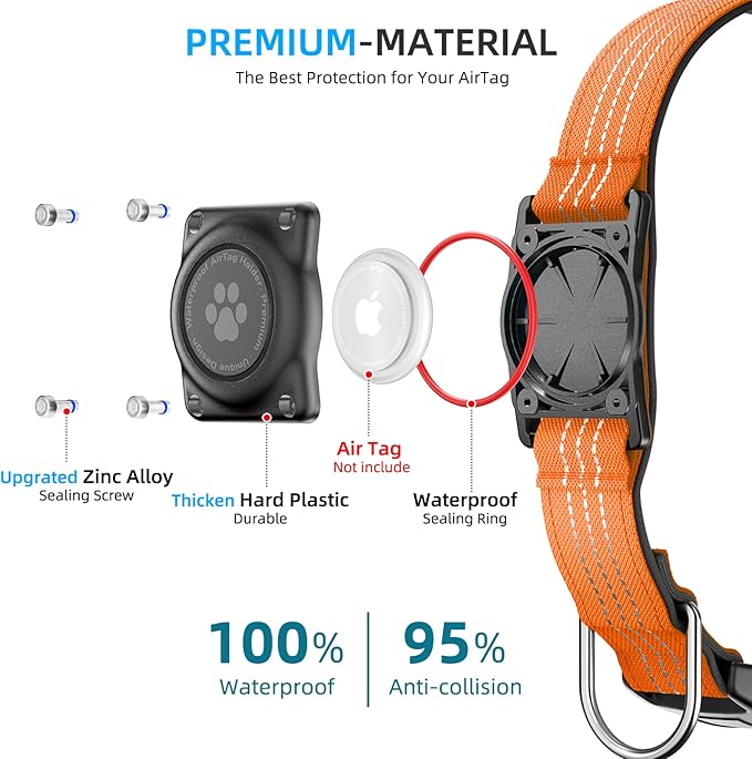 Upgraded AirTag Dog Collar, IP68 Waterproof Air Tag Dog Collar Holder, Reflective, Ultra-Durable, Comfortable Padded, Heavy Duty Dog Collars for Small Medium Large Dogs (S (10.6"-13.6"), Orange)