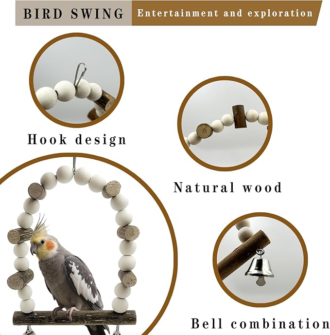 5Pcs Natural Wooden Bird Perch Set – Parrot Perch Toys, Wooden Perch Swing, Cage Accessories for Budgies, Cockatiels, Lovebirds, Finches, and Other Small to Medium Birds (Brown, 5PCS-B)