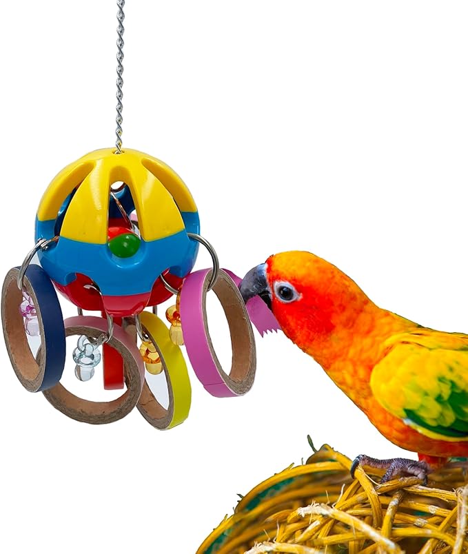 Bird Parrot Plastic Ball Toys with Colorful Cardboard Bagel and Acrylic Pacifiers for Parrot African Grey Cockatoo Cockatiel Sun Conures
