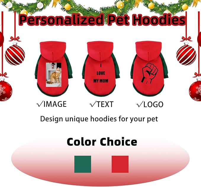 Custom Dog Hoodie, Personalized Sweatshirt with Photo Text Name Logo, Customized Hooded Sweater for Small Medium Large Dogs & Cats (Red + Green Border, X-Large)