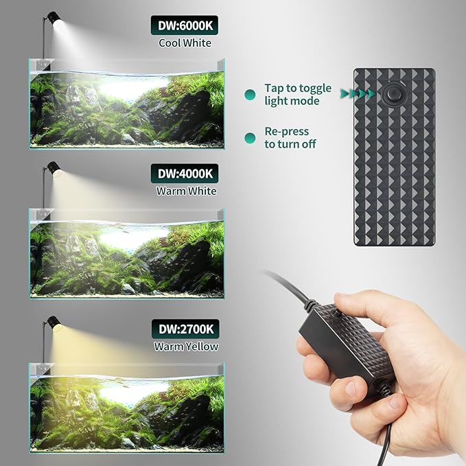 UPETTOOLS Aquarium LED Light 10W, 2700K-6000K Fish Tank Spotlight with 3 Light Colors, Adjustable Light Head, for Different Models Planted Freshwater Tank