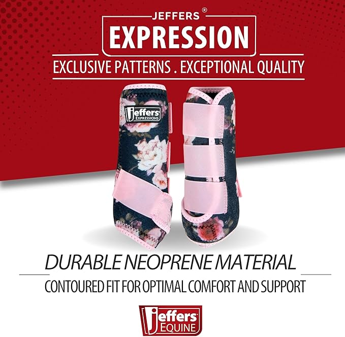 Jeffers Expression Protective Horse Boots 1 Pair, Rose Garden - Safe Neoprene Leg Guards, Comfortable Fit, Durable Strap Closures, Front & Hind Support, Accessories for Travel & Riding - Medium