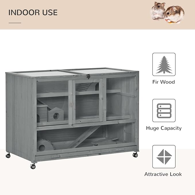 PawHut Wooden Large Hamster Cage with Seesaw and Wheels, Small Animal Cage and Habitat, 3-Tier Hamster Habitat with Ladder, Dark Grey