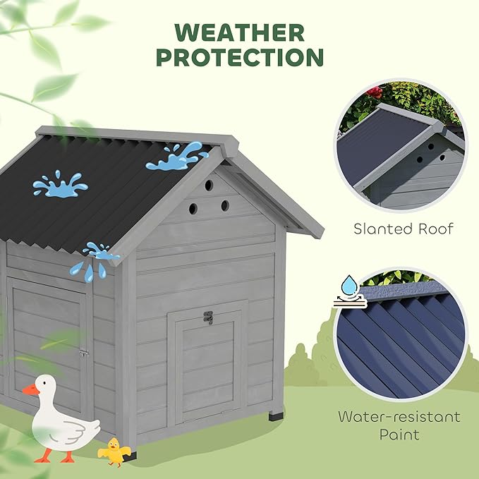 PawHut Duck Coop, Wooden Duck House, Outdoor Small Animal House with Openable Roof, Double Doors, Removable Base for 1-3 Ducks, Light Gray
