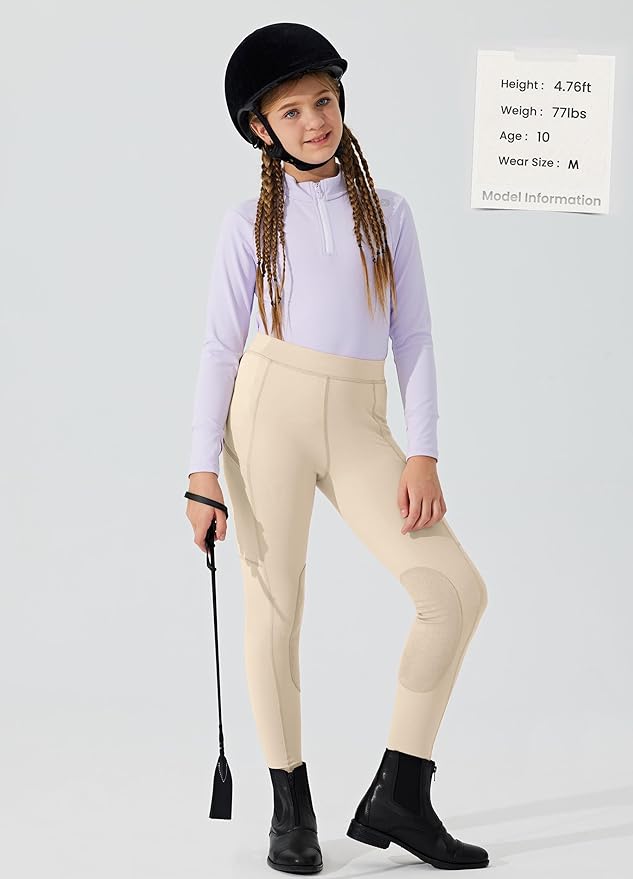 Willit Girls Horse Riding Pants Tights Kids Equestrian Breeches Knee-Patch Youth Schooling Tights Zipper Pockets