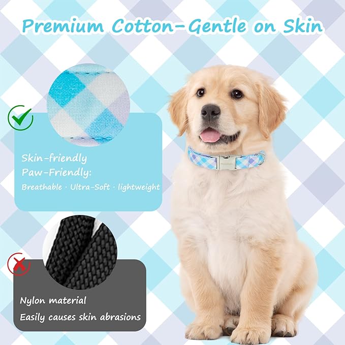 Cotton Collar for Dog，Soft Adjustable Dog Collars for Small Dogs, Cute Dog Collar with Blue & White Plaid for Small Medium Large Dogs, Perfect for Girl or Boy Dog Collars-S