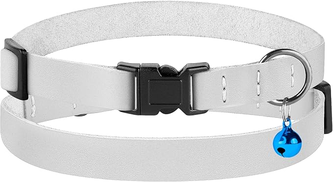 Breakaway Cat Collar with Bell - Leather Adjustable Kitten Collars with Safety Quick Release Buckle - Soft Small Pet Collars for Girl & Boy Cats (White)