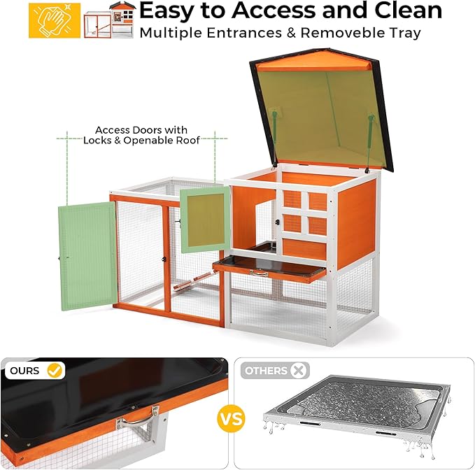 48" L Rabbit Hutch Outdoor Indoor, Expandable 2-Story Large Wooden Bunny Cage with Run, Removale Tray, Top-Opening Waterproof Roof, 2 Doors, DIY Drawing Board, Orange + Colorful Pattern