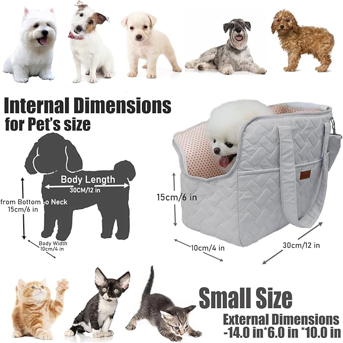 Grey Small Puppy Carrier Purse,Woman Style Pets Bag for Cat Kittens Multiple Pockets,Breathable Mesh Soft Cushion,Travel Outdoor Picnic Pets Totes,MAX 6 lb (Grey, Small)