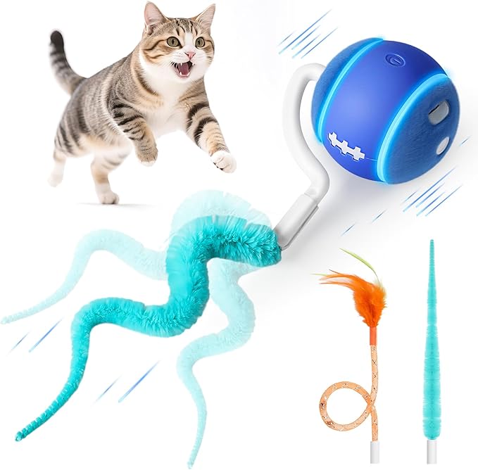 Interactive Cat Toy Ball, Automatic Cat Toys for Indoor Cats, Motion Activated Kitten Toys with 2 Replacement Tails, 3 Modes, USB Rechargeable, Moving Cat Toys for Enrichment Exercise(Blue)