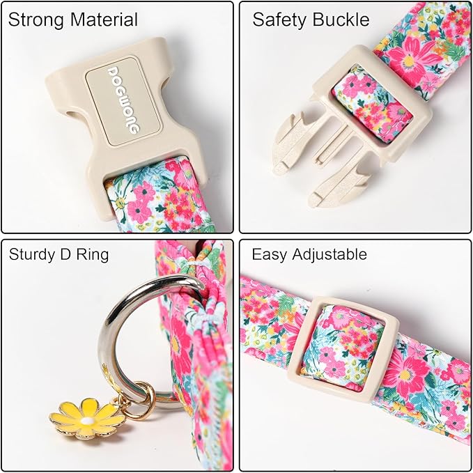 DOGWONG Spring Flower Dog Collar-Cute Floral Daisy Dog Collar, Adjustable Soft Girl Female Dog Collar for Medium Large Dogs, L