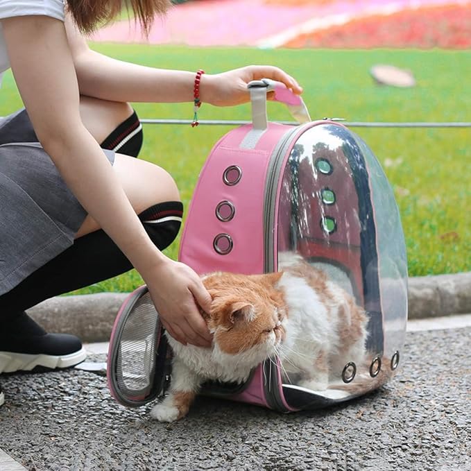 Cat Backpack Carrier Back Expandable Bubble Pet Carrier Backpack for Large Cat, Kitten and Dog, Designed for Hiking, Travelling and Outdoor Use (Back Expandable-Pink)