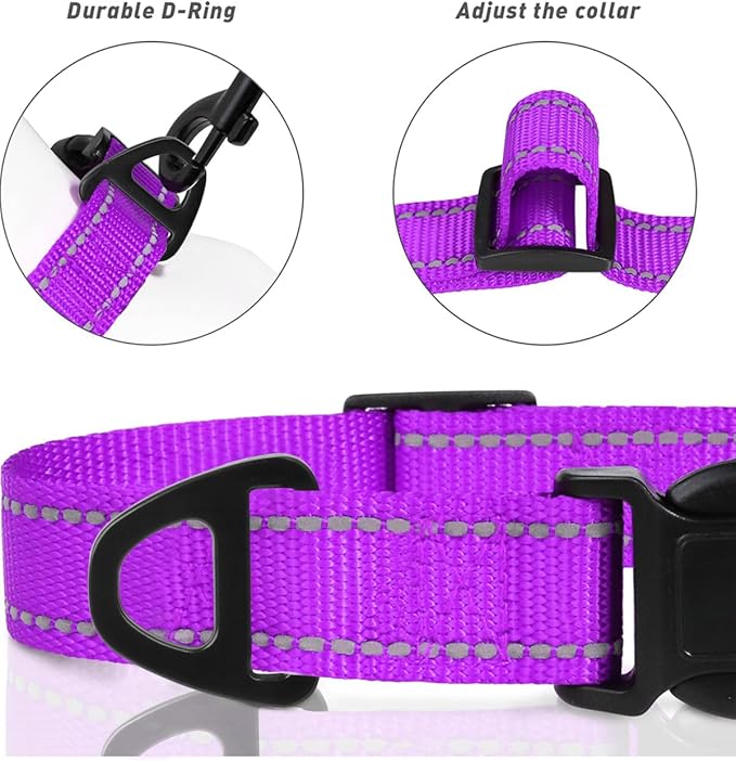 TagME Reflective Nylon Dog Collars, Adjustable Classic Pet Collar with Quick Release Buckle for Large Dogs, Purple, 1.0" Width