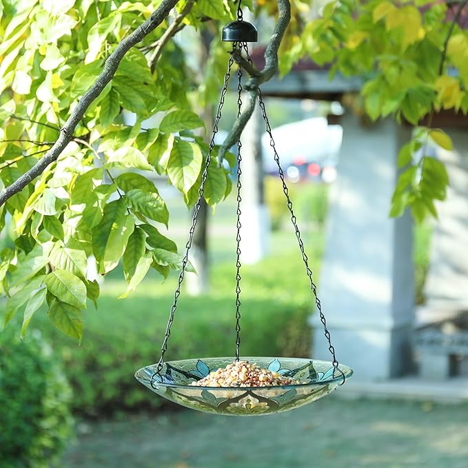 MUMTOP Hanging Bird Baths for Outdoors - Glass Bird Bath, 11 Inch Hanging Bird Bath Bird Feeder Bowl for Outside, Garden, Lawn Yard Decor (Green Kaleidoscope)