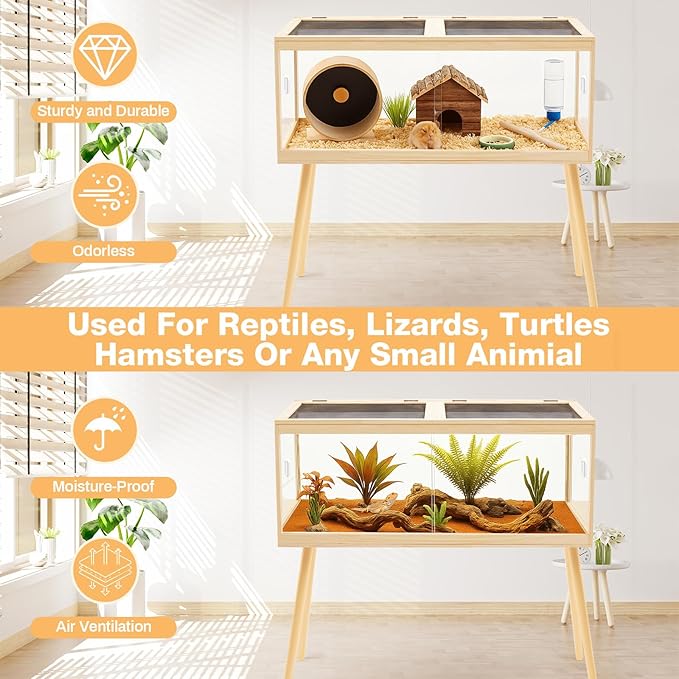 47" L×20" W×20" H Bearded Dragon Tank (up to 79 Gallons) with Legs – Reptile Enclosure, Lizard Terrarium with Sliding Door & Metal Mesh Top, Suitable for Reptiles, Snakes, Hamsters