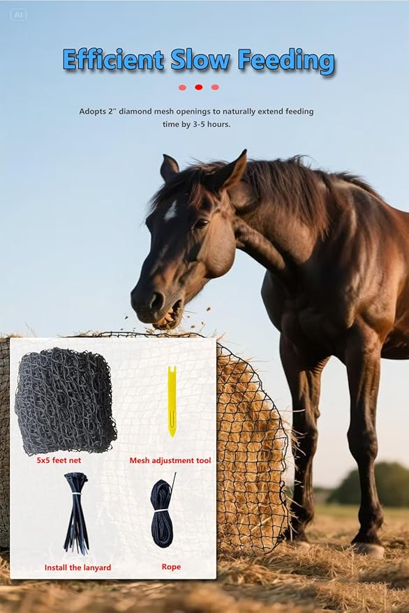 5 * 5ft Heavy Duty Slow Feeding Horse Hay Net - 1.75-inch knotless Design Saves 60% hay, 800 lbs Weatherproof Round Bale Feeder for Cattle/Goats/Sheep (5ft)
