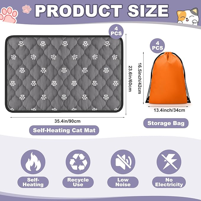 Riakrum 4 Pack Self Heating Cat Bed Pad Self Warming Pet Dog Mat Non Slip Washable Cat Kennel Crate Pad with Storage Bag for Indoor Outdoor Small Medium Dog Kitten(23 x 35 Inches)