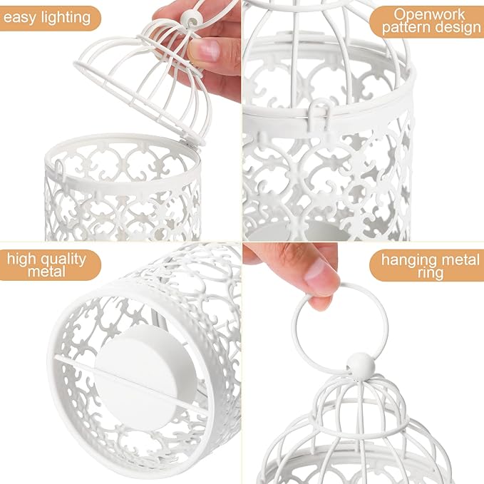 12 Pack Small Metal Tealight Hanging Birdcage Lantern Vintage Decorative Centerpieces Table Top Candle Holder Candle Lantern for Wedding Gifts Home Dinner Party Christmas (White)