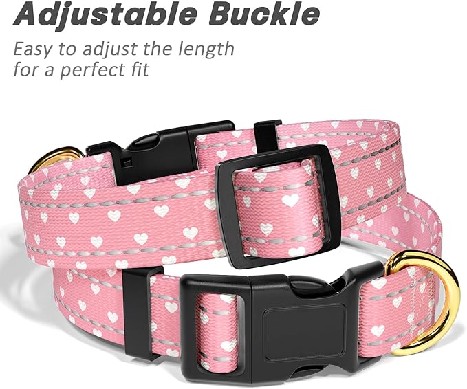 Reflective Dog Collar for Large Dogs, Cute Adjustable Heavy-Duty Nylon Puppy Collars for Boy and Girl Female, Soft Pet Accessories with Quick Release Buckle, Neck 16-24", Pink Hearts