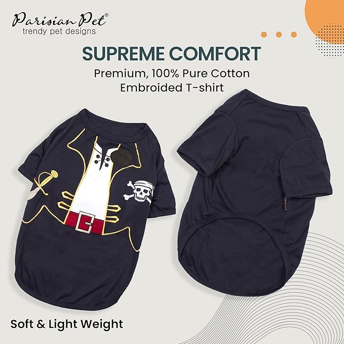 Parisian Pet Captain Sparrow - Pirate Dog Shirt - Embroidered Costume, 100% Cotton & Polyester, Sleeved, Black - Large Dog Shirt