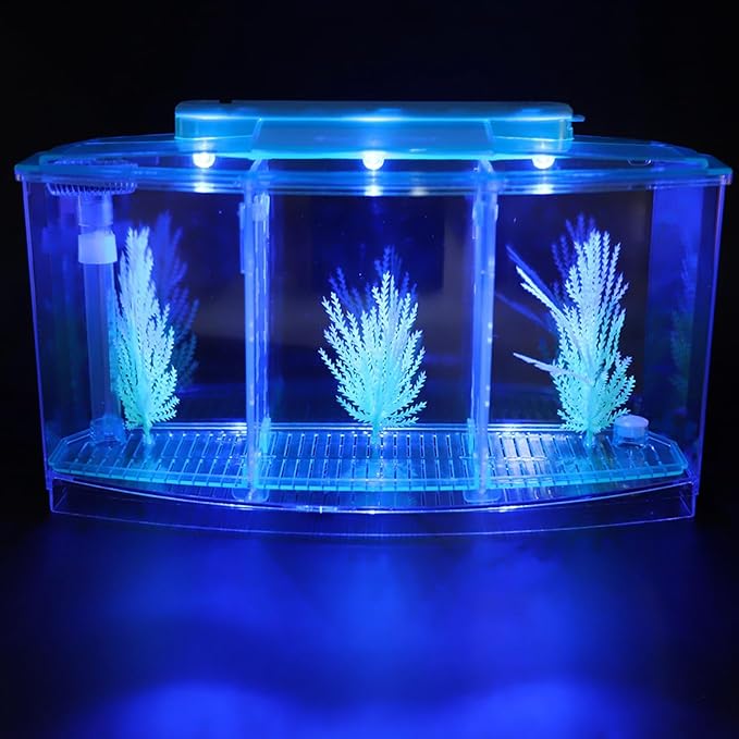 Aquarium Fish Tank, Aquarium Isolation Box, Acrylic Breeding Hatchery, LED Acrylic Three Divisions Breeding Isolation Box for Small Fishes (Blue)