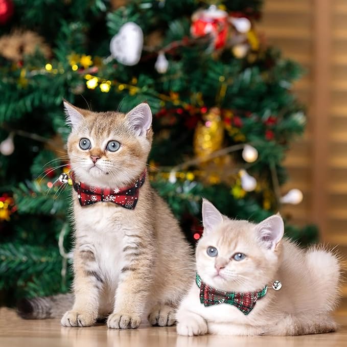 10 Pcs Christmas Cat Collar Breakaway with Bow Tie and Bell Kitten Collars Removable Bowtie Plaid Cat Collar for Cats Kittens Puppy Christmas Supplies