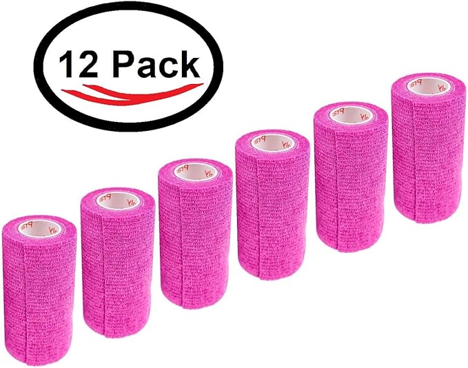 3 Inch Vet Wrap Tape Bulk (Fuchsia) (Pack of 12) Self Adhesive Adherent Adhering Flex Bandage Grip Roll for Dog Cat Pet Horse
