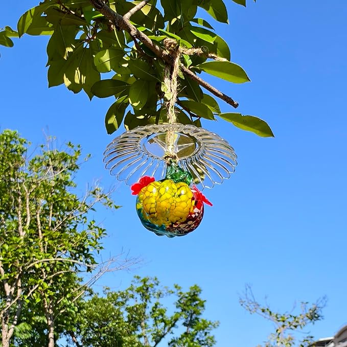 Small Glass Hummingbird Feeders for Outdoors Hanging + Rain Cover - Hand Blown Glass Pumpkin Nectar Feeding, 2 Flowers Feeding Ports, Decor for Garden/Backyard Outside, Multi Color