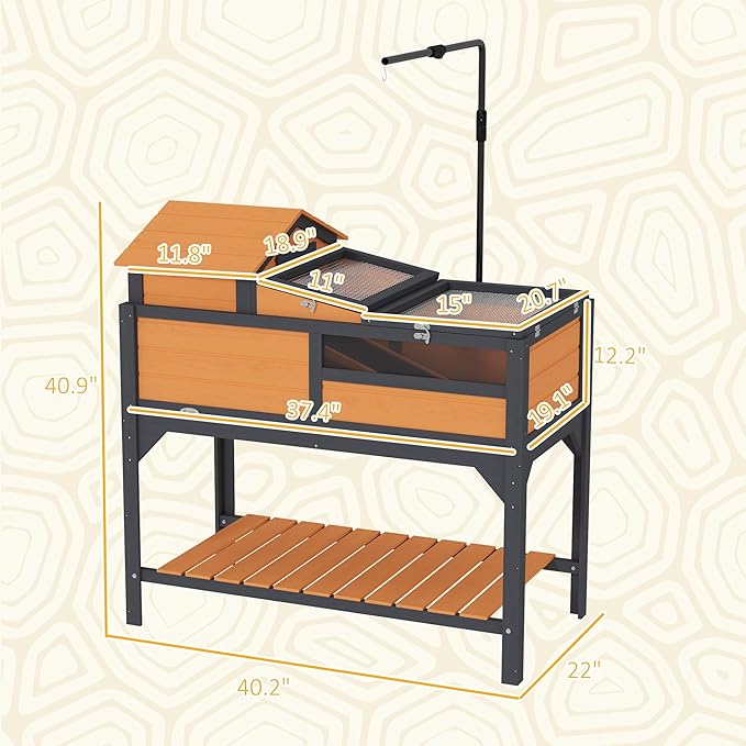 PawHut Tortoise Habitat with Adjustable Lamp Holder, 2 Layer Tortoise Enclosure with Storage Shelf, Removable Main House, Fixed Tray, Openable Lid, Yellow