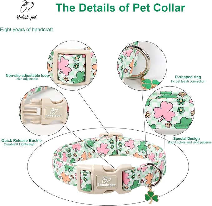 St Patricks Day Dog Collar for Large Dogs - Cute Pastel Lucky Clover Dog Collars, Lightweight Adjustable Irish Green Festival Dogs Collars with Quick Release Buckle L