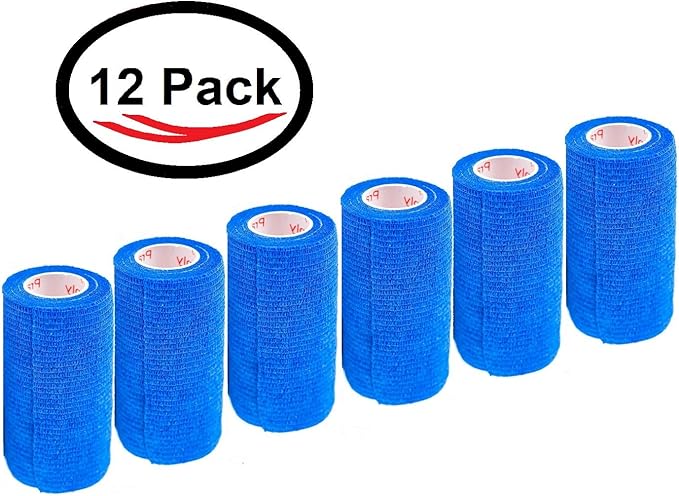 3 Inch Vet Wrap Tape Bulk (Blue) (Pack of 12) Self Adhesive Adherent Adhering Flex Bandage Grip Roll for Dog Cat Pet Horse