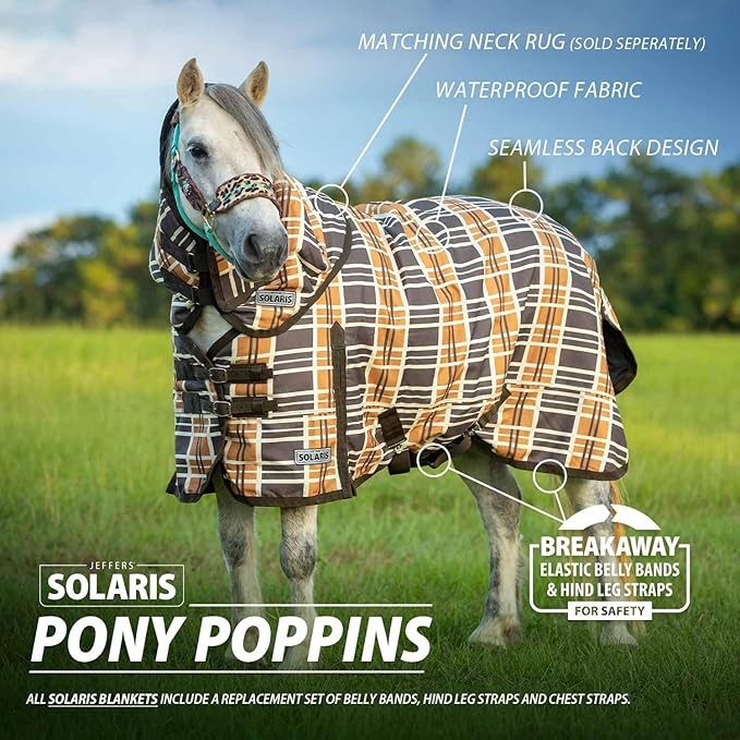 Jeffers Pony Poppins Solaris 1200 Denier Turnout Blanket Brown & Cream Plaid 60" - Waterproof, Breathable Horse Blanket with 0 gram Polyfill, No Insulation, Ideal Protection for Wind & Rain,