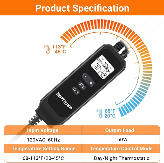 8.5 Inch Day-Night Thermostatic Reptile Heat Light Fixture - Heat Lamp Temperature Controller for Bearded Dragons, Snakes & Lizard – Bulb Not Included (Max 150W)