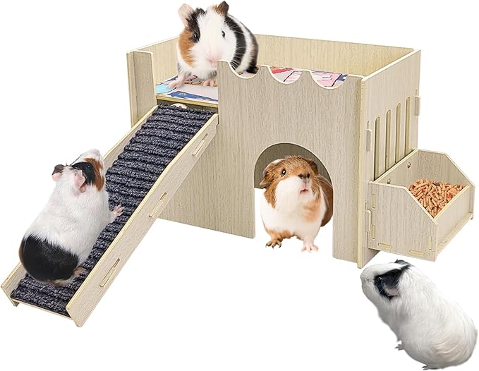 kathson Wooden Guinea Pig Hideout Sturdy Two-Layer Guinea Pig House Easy to Assemble Small Animal Hideout with Mat Ramp and Food Bowl for Hamsters Bunnies Hedgehogs Mice Playing Hiding