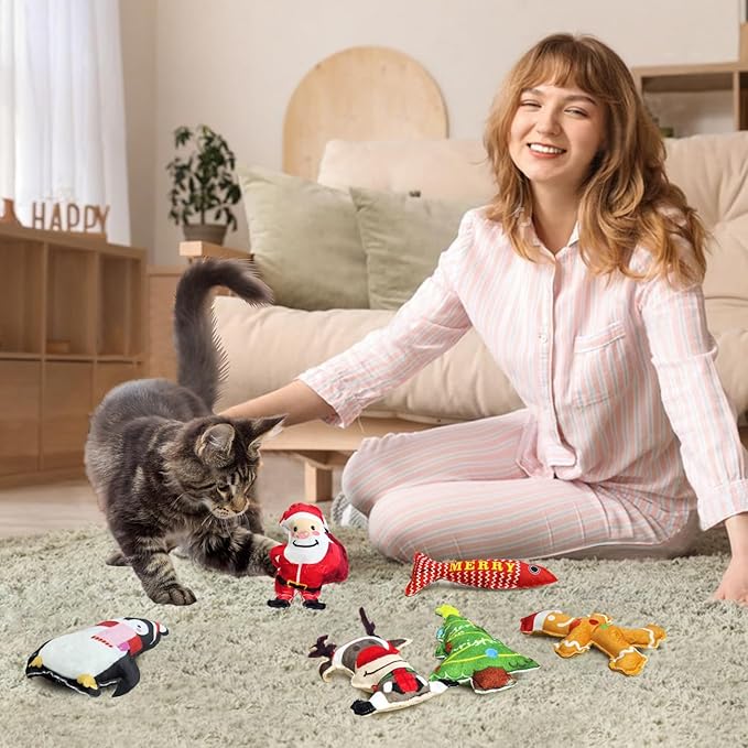 Idepet 6 Pcs Christmas Cat Toys Catnip Xmas Plush Santa Claus Tree Interactive Chew Bite Crinkly Sound Toys for Indoor All Breeds Cats Exercise ﻿
