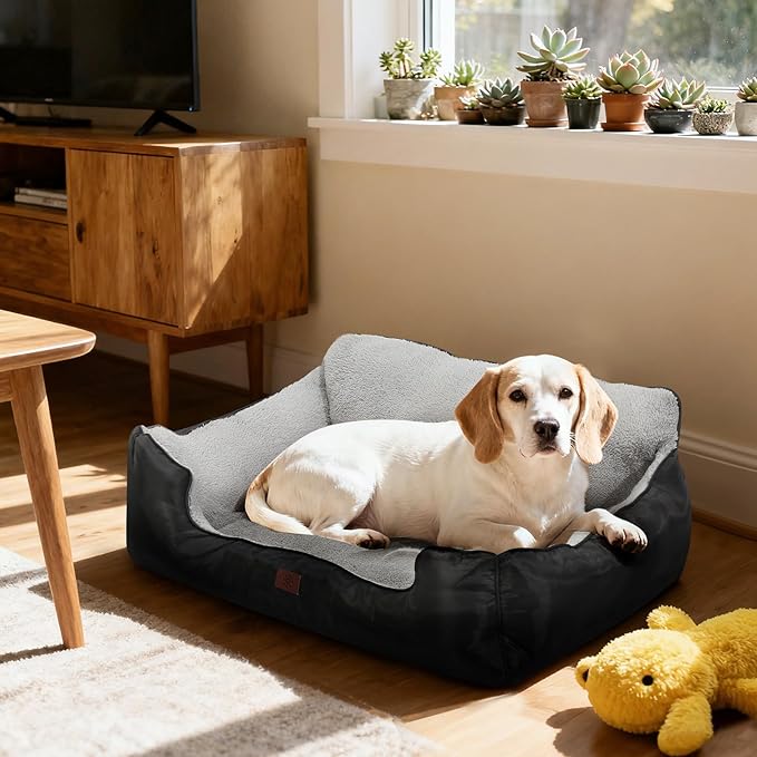 Dog Bed for Large Dogs, Rectangle Washable Orthopedic Dog Bed, Soft Calming Sleeping Bed Durable Pet Cuddler with Anti-Slip Bottom, 31”x26”x7”, Black