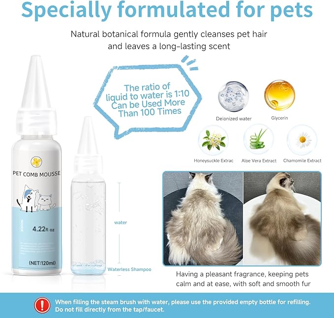 Pet Steam Brush for Dog & Cat – 3-in-1 Spray Hair Removal Comb – Steam for Shedding & Grooming – Water Brush for Long & Short Haired Pets – Spritz Defur Comb – Includes Waterless Shampoo