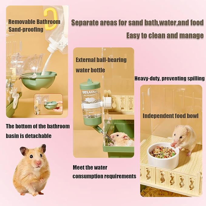 Acrylic Hamster Cage,Small Animal Houses&Habitats with Accessories,Hamster Enclosure with Stairs,Clear Pet Mice House,for Dwarf Gerbil,Dwarf Hamster,Pet Mice(Pink,13.78" L*10.23" W*10.83" H)