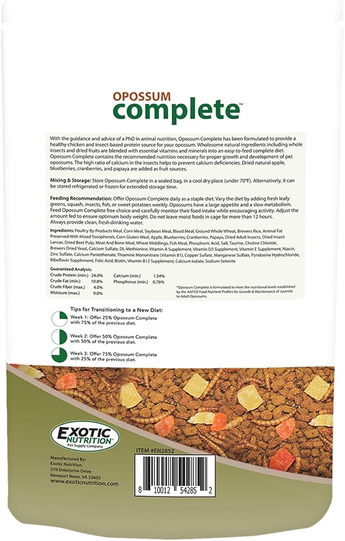 Exotic Nutrition Opossum Complete - Nutritionally Complete Healthy Pellet Diet - Food for Short-Tailed & Virginia Opossums (1 lb.)