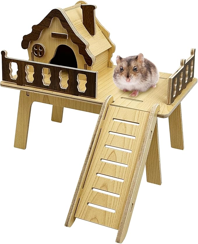 Hamiledyi Wooden Hamster Platform & House Mouse House with Climbing Ladder Cute Habitat Hut Hideout Small Animals Cage Accessories for Dwarf Hamster Mice Gerbil and Other Similar Sized Animals