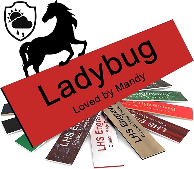 Horse Stall Name Plate, 2x12 Personalized Stall Signs, UV Protected, All Weather Adhesive, Hanging, Mounting or Other, Red Plastic Black Letters - Made in USA - B14